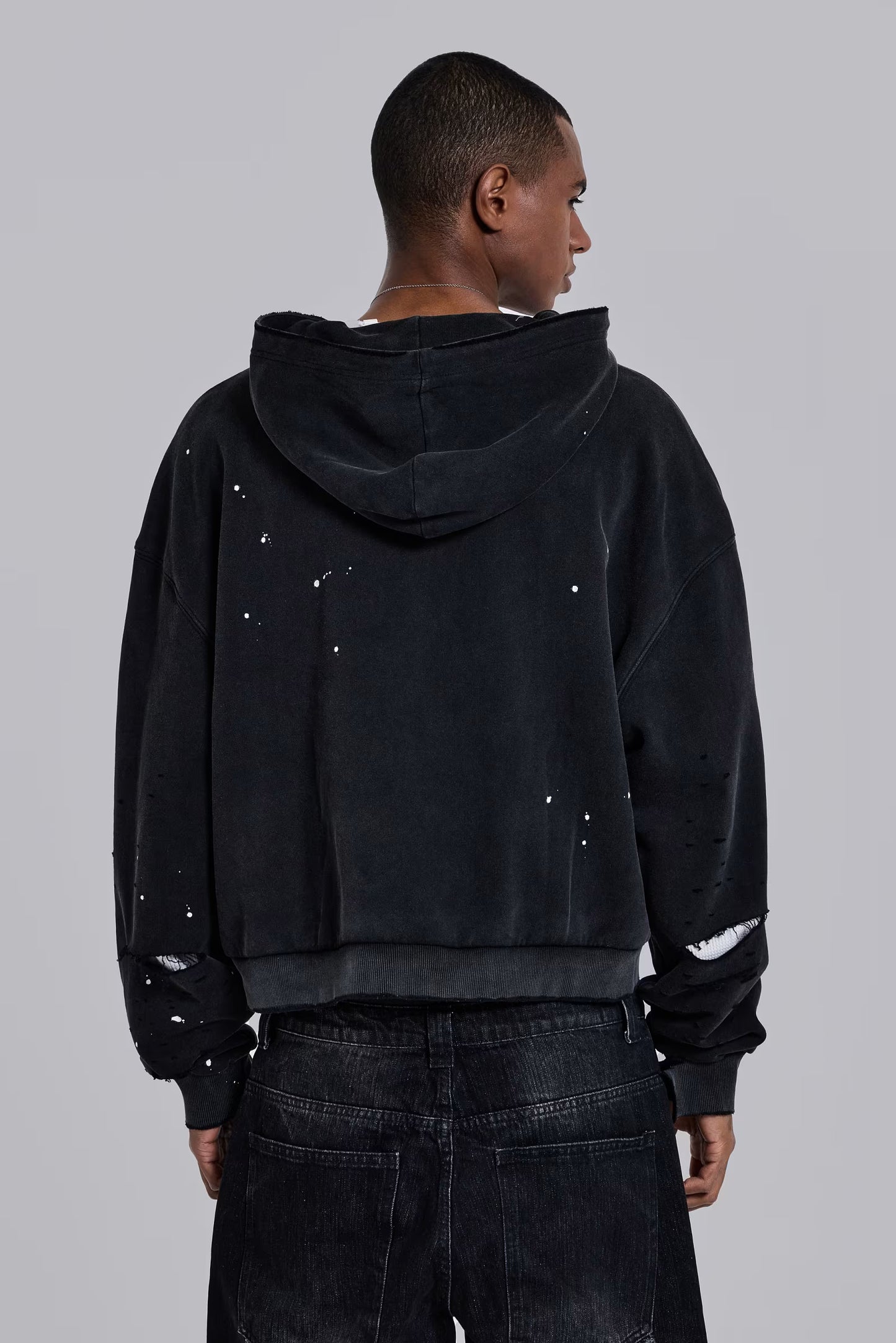Jaded London Washed Black Sun Faded Waffle Lined Zip Hoodie