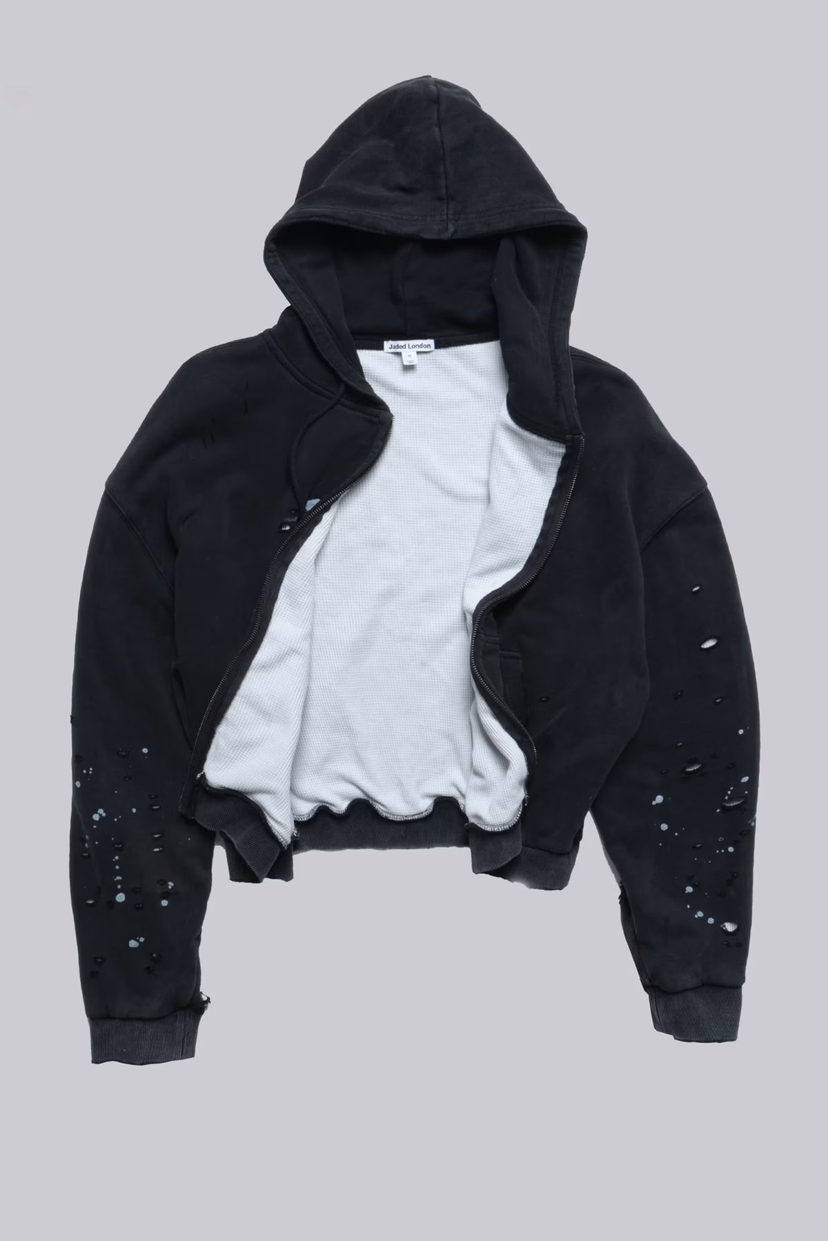 Jaded London Washed Black Sun Faded Waffle Lined Zip Hoodie