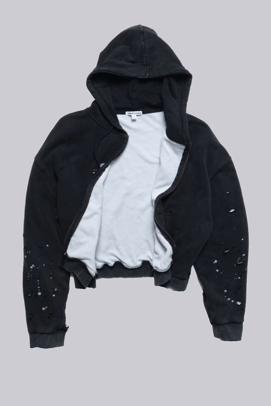 Jaded London Washed Black Sun Faded Waffle Lined Zip Hoodie